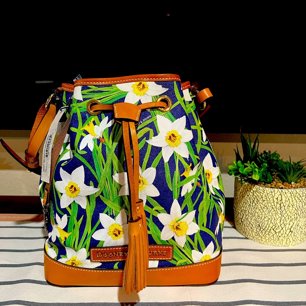 Dooney & Bourke Navy Blue Floral Drawstring Bucket Bag with Brown Trim
